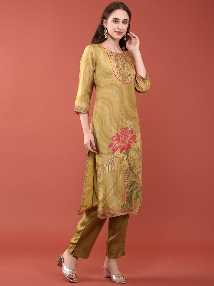 Lime Green Dola Silk Floral Digital Print Three Piece Set