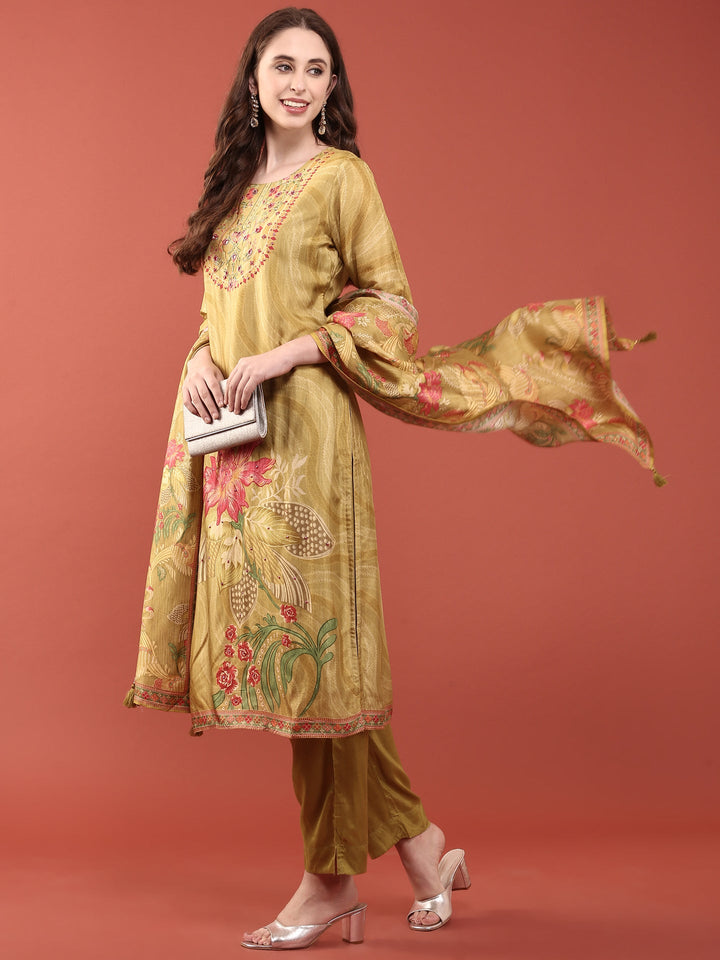 Lime Green Dola Silk Floral Digital Print Three Piece Set