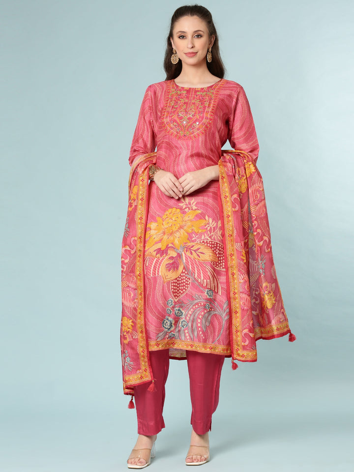 Rose Pink Dola Silk Floral Digital Print Three Piece Set
