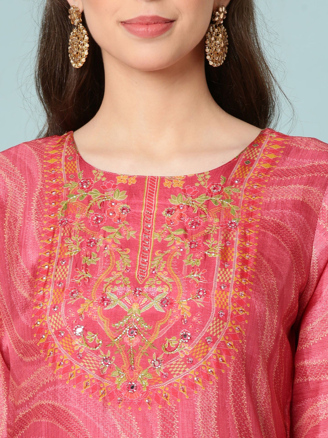 Neerus Pink Silk Digital Printed Suit Set - detail view 1