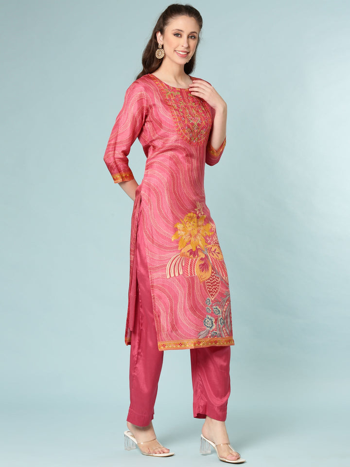 Rose Pink Dola Silk Floral Digital Print Three Piece Set