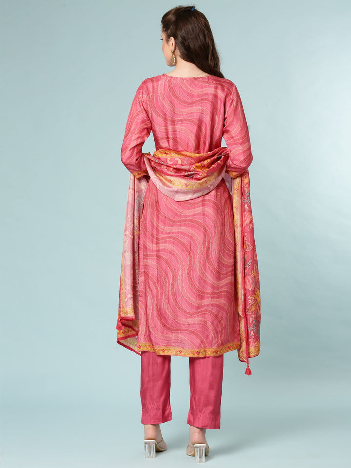 Rose Pink Dola Silk Floral Digital Print Three Piece Set