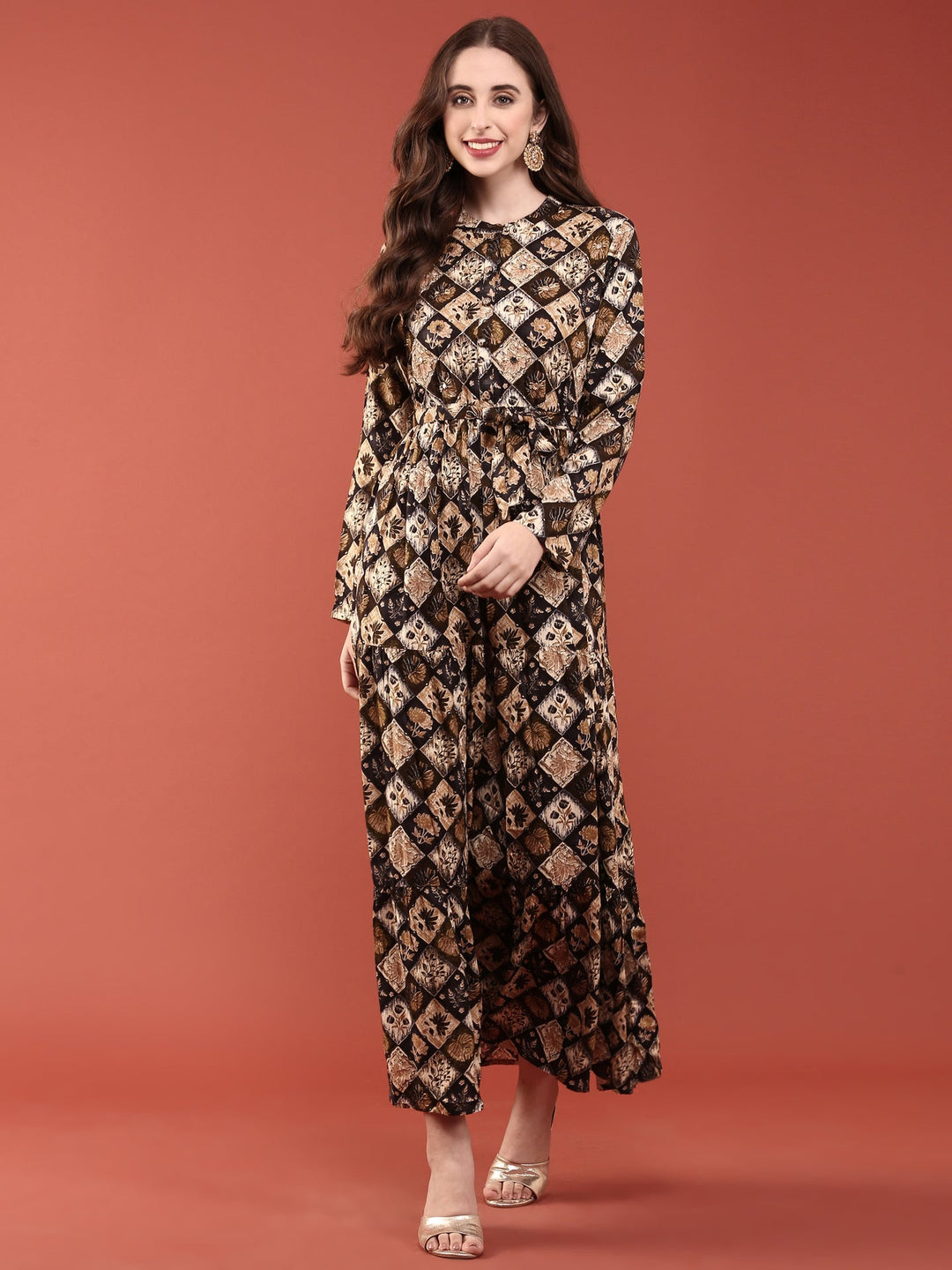 Neerus Black rayon printed maxi dress - front view