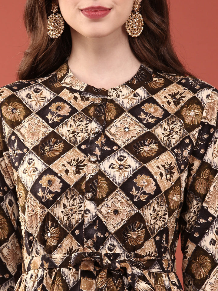 Black Rayon Printed Long Dress