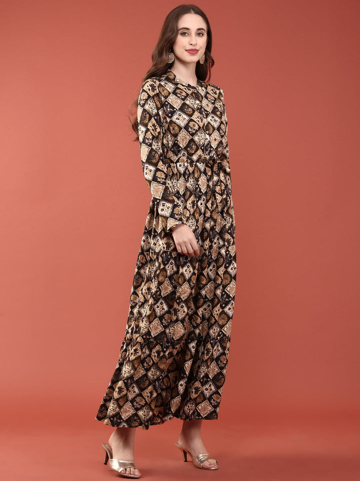 Neerus Black rayon printed maxi dress - back view
