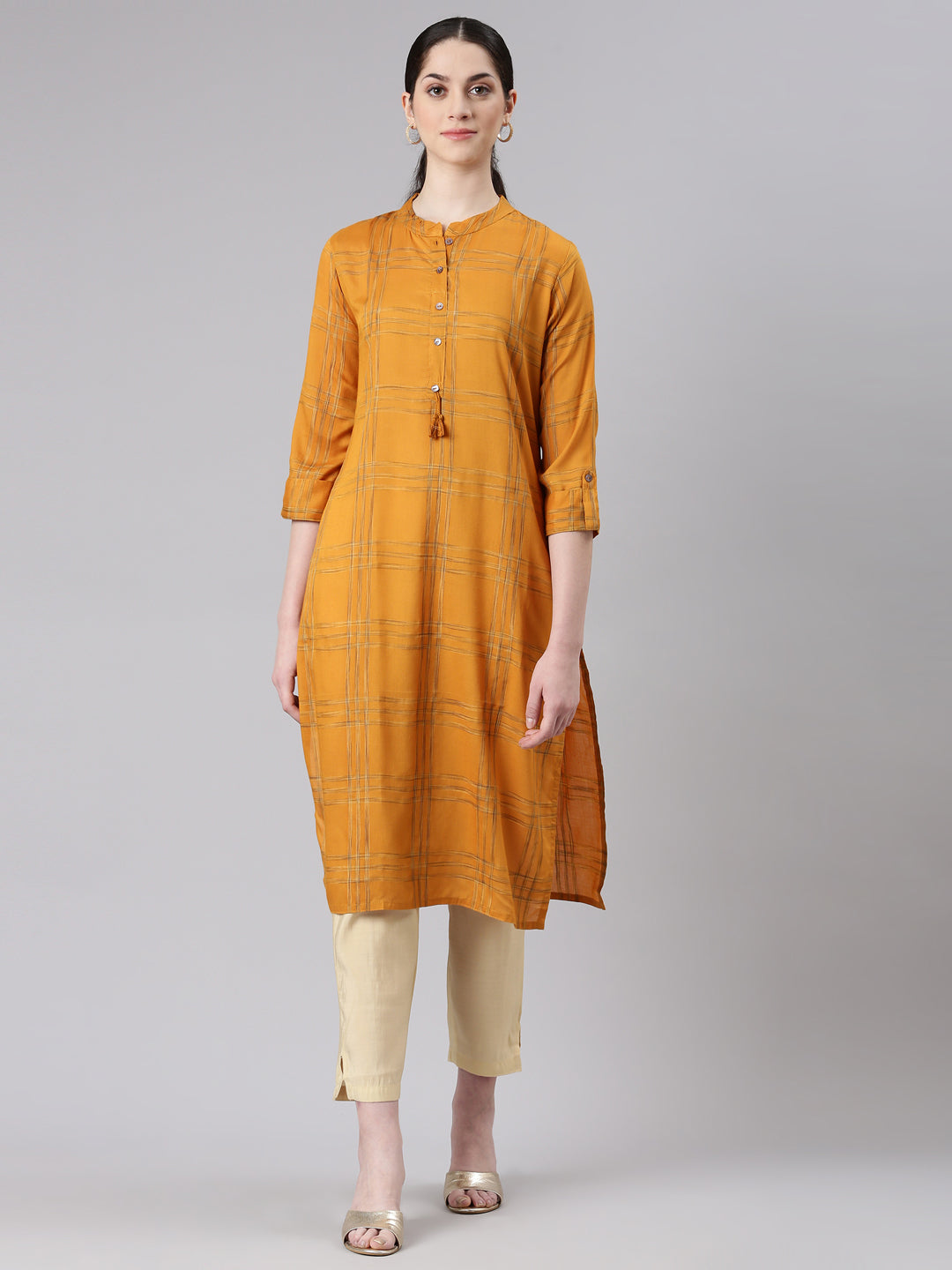 Neerus Yellow printed striped straight kurti - front view