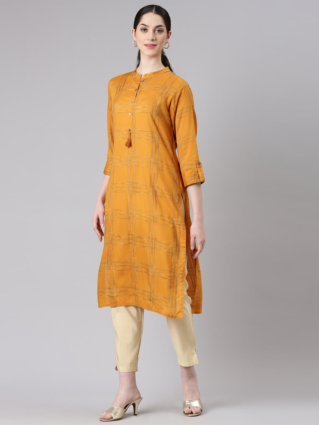 Neerus Yellow printed striped straight kurti - back view