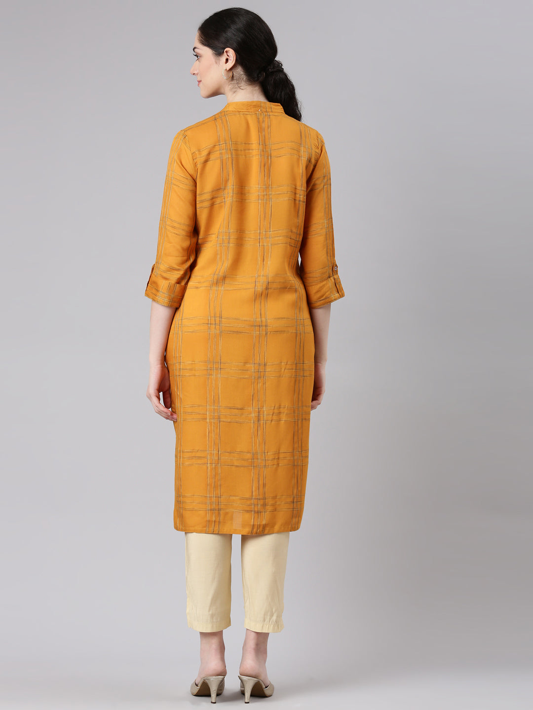 Neerus Yellow printed striped straight kurti - side view