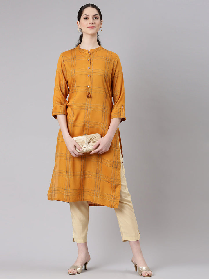 Neerus Yellow printed striped straight kurti - detail view 2