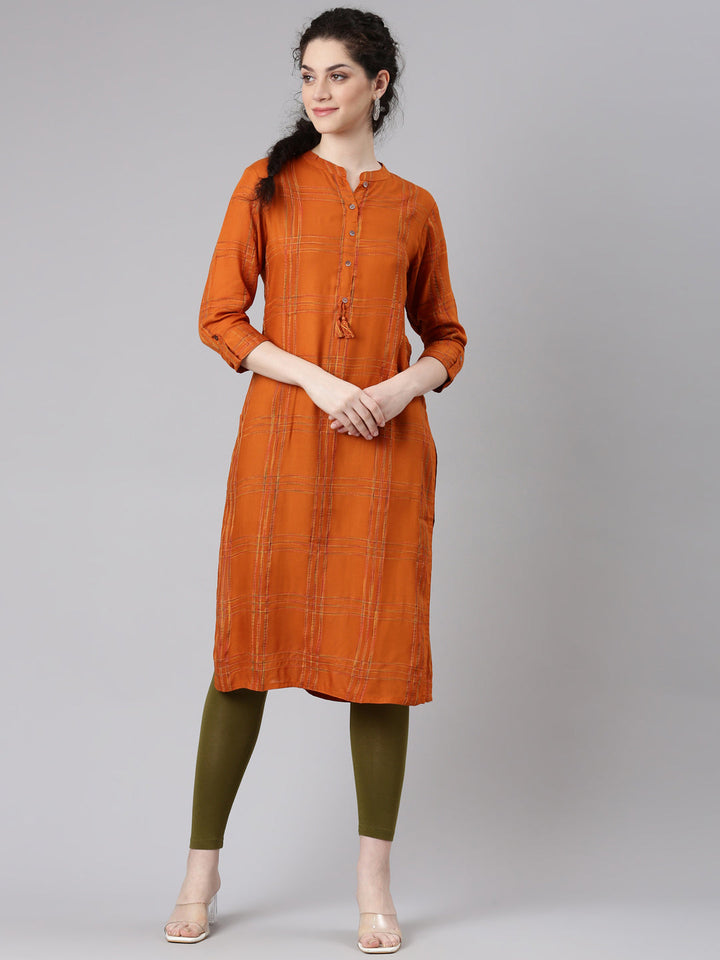 Neerus Orange printed striped straight kurta - front view