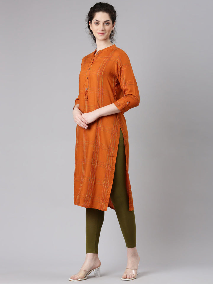 Neerus Orange printed striped straight kurta - back view