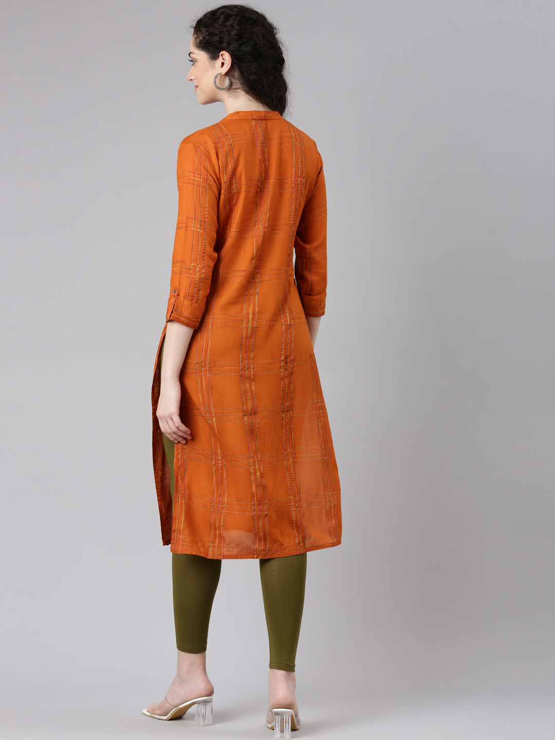 Neerus Orange printed striped straight kurta - side view