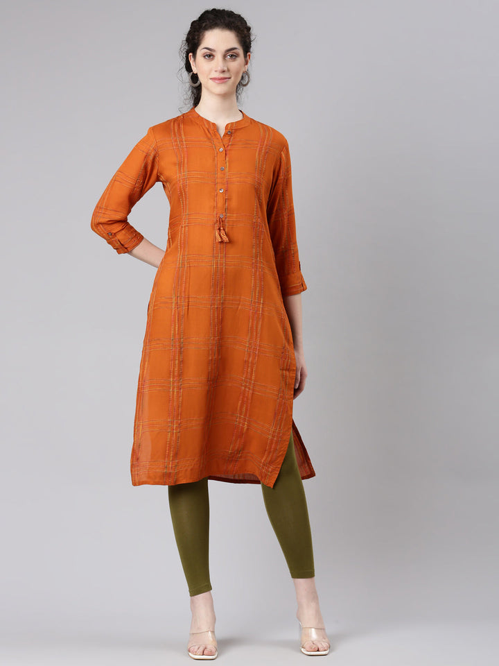 Neerus Orange printed striped straight kurta - detail view 2