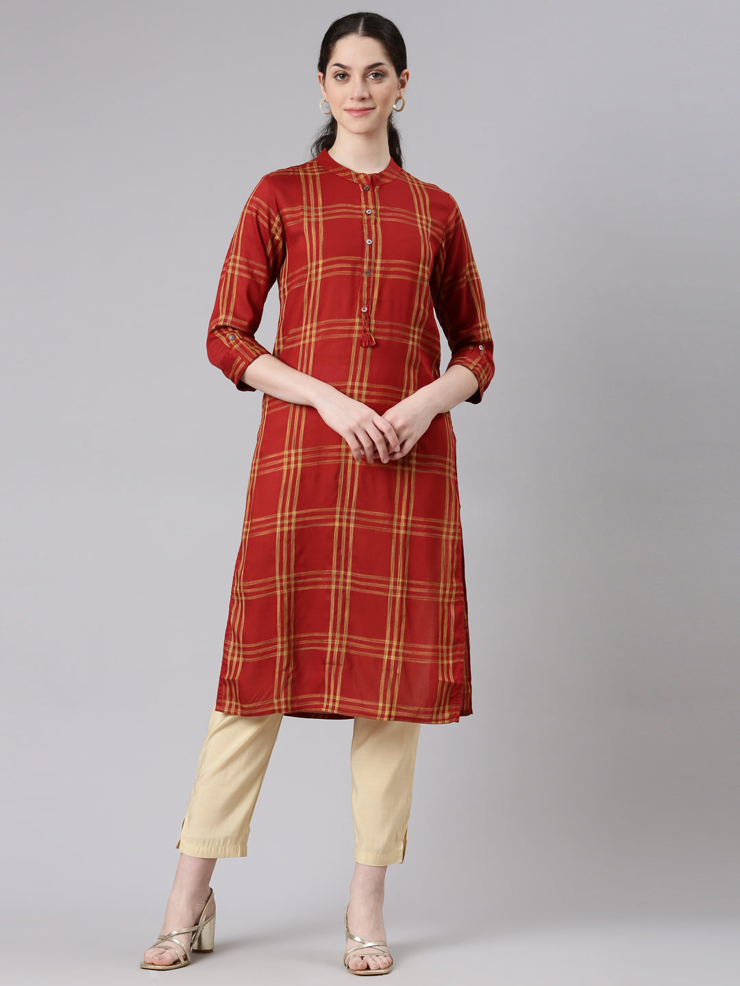 Neerus Red printed striped straight kurti - front view