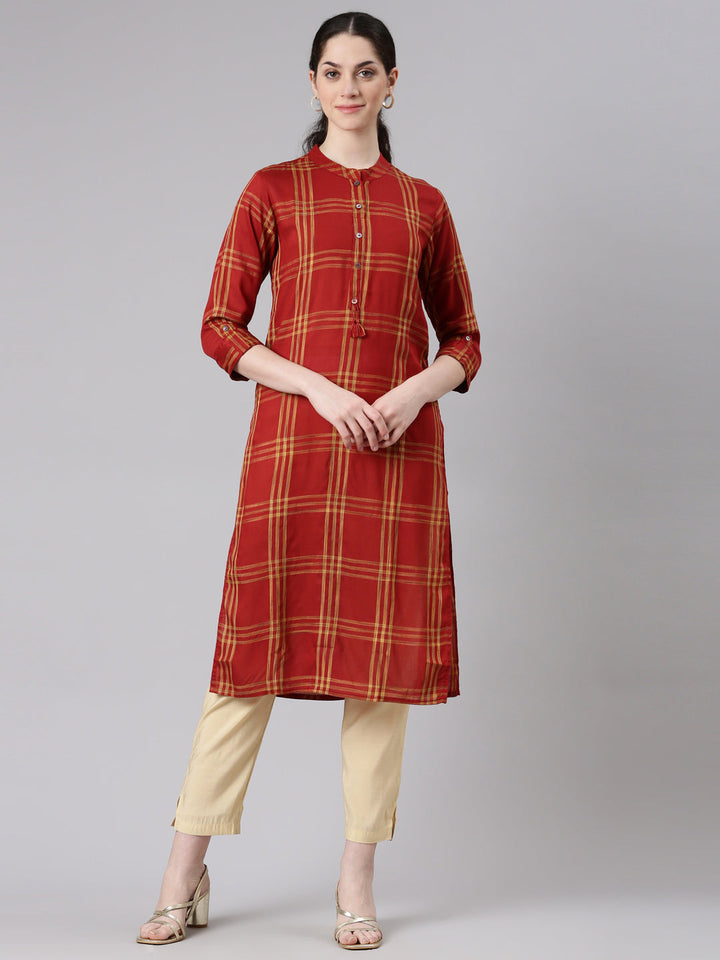 Neerus Red printed striped straight kurti - front view