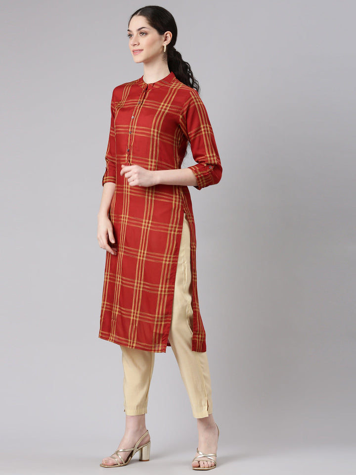 Neerus Red printed striped straight kurti - back view
