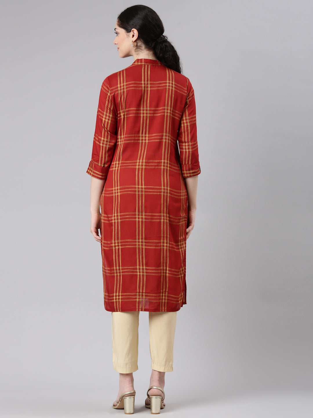 Neerus Red printed striped straight kurti - side view