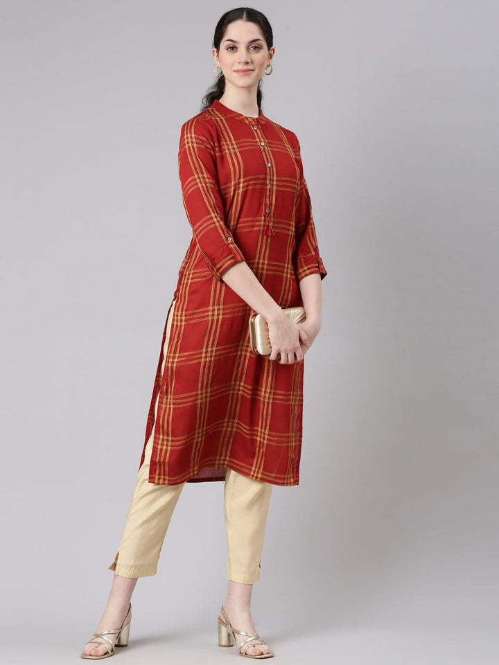 Neerus Red printed striped straight kurti - detail view 2