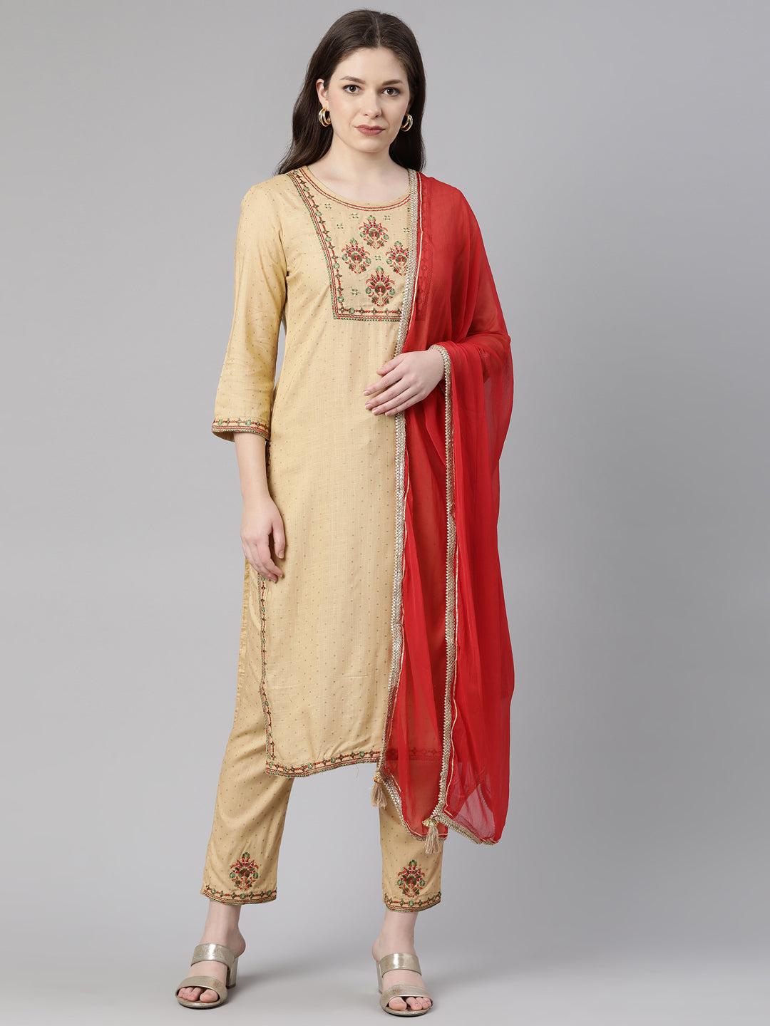Neerus Beige cotton printed suit set - front view