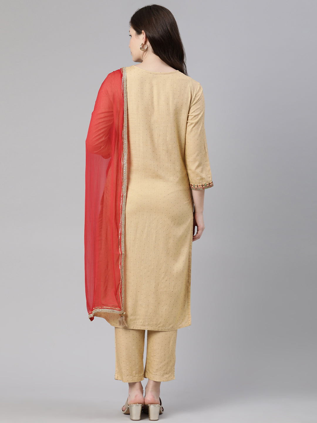 Neerus Beige cotton printed suit set - side view