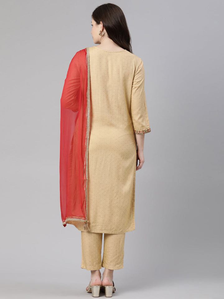 Neerus Beige cotton printed suit set - side view