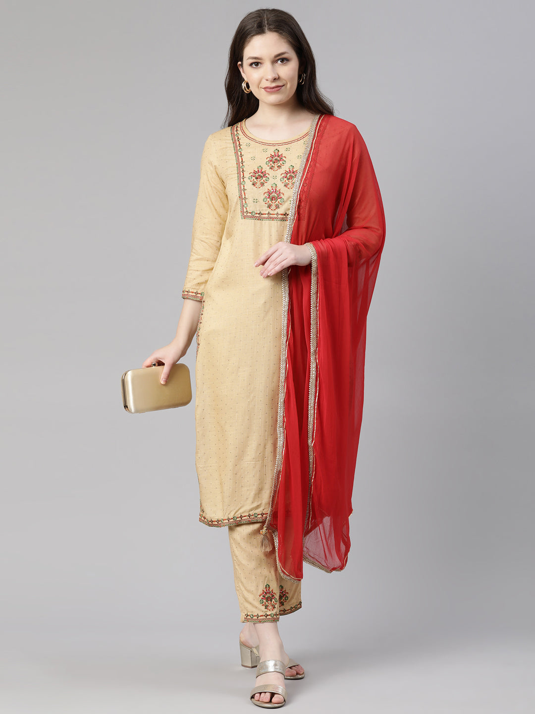 Neerus Beige cotton printed suit set - detail view 1