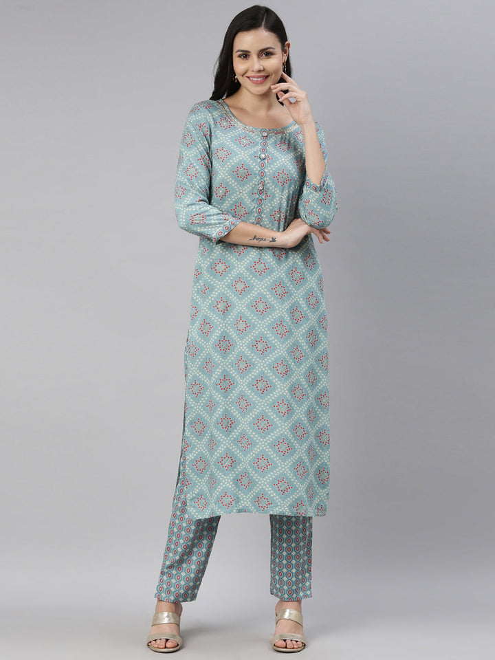 Neerus Blue printed ethnic kurta set with trousers - detail view 2