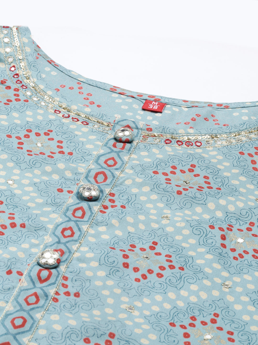 Neerus Blue printed ethnic kurta set with trousers - detail view 1