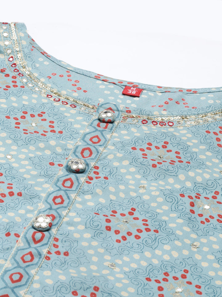 Neerus Blue printed ethnic kurta set with trousers - detail view 1