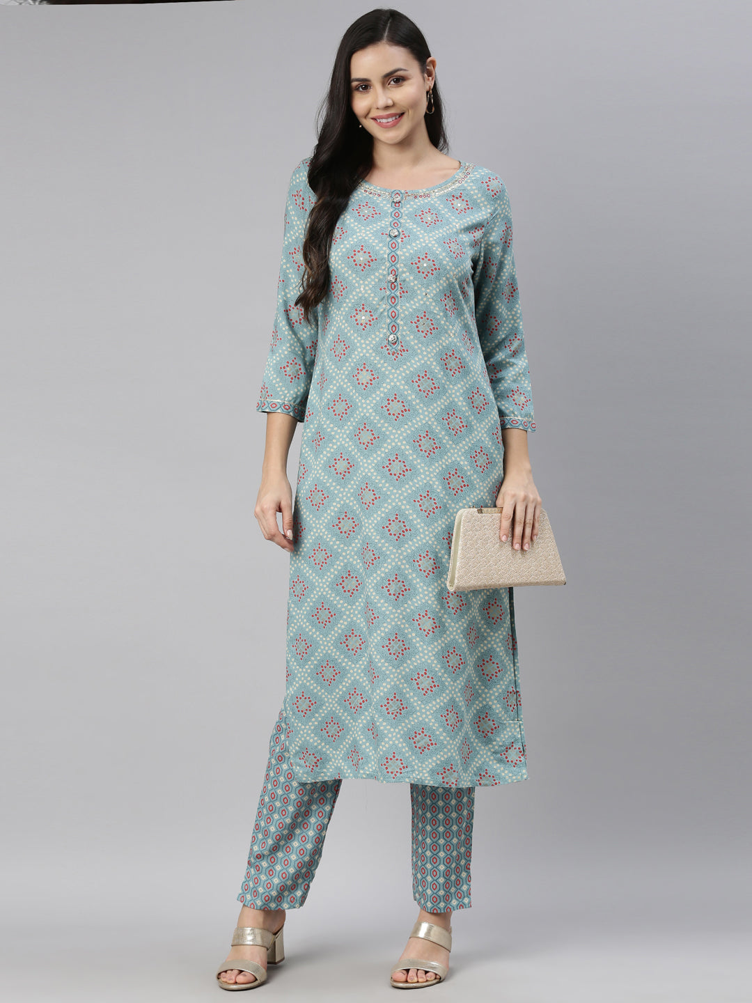 Neerus Blue printed ethnic kurta set with trousers - front view