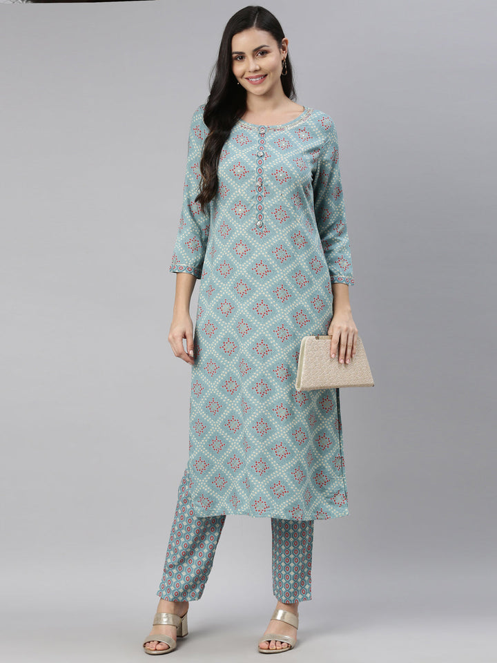 Neerus Blue printed ethnic kurta set with trousers - front view