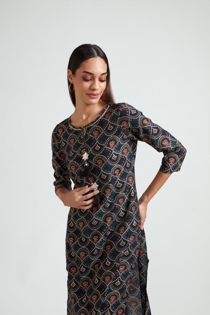 Neerus Black rayon printed kurta set - detail view 1