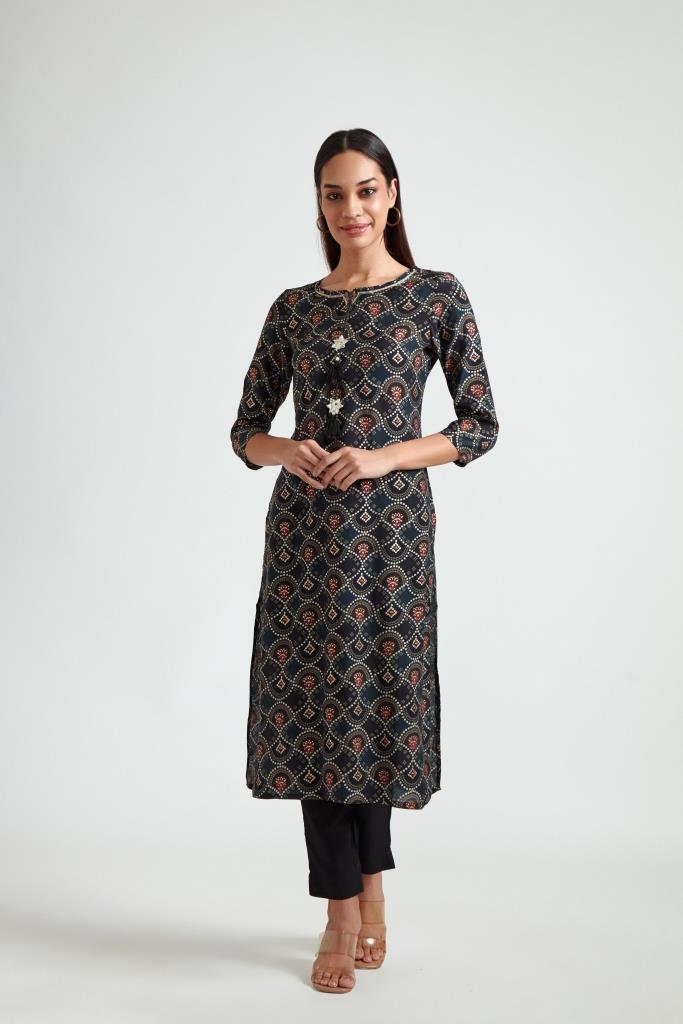 Neerus Black rayon printed kurta set - front view