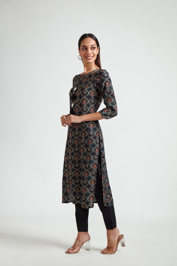 Neerus Black rayon printed kurta set - back view
