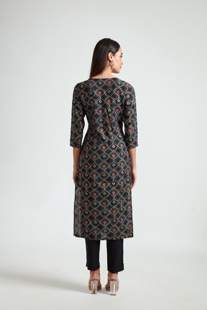 Neerus Black rayon printed kurta set - side view