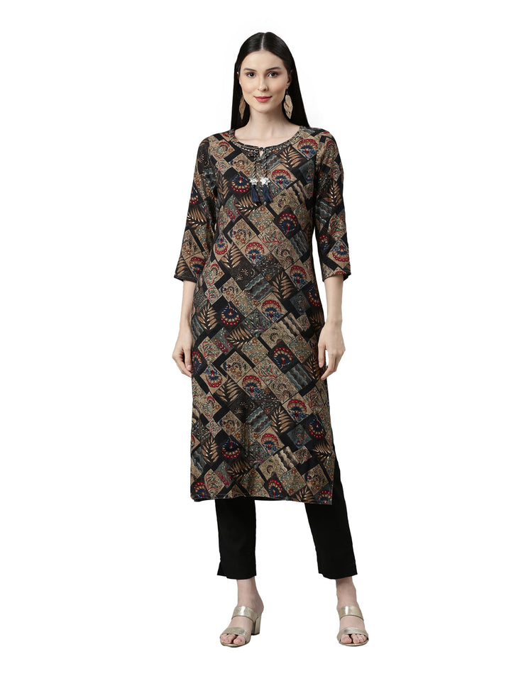 Neerus Black cotton printed kurta with keyhole neck - front view