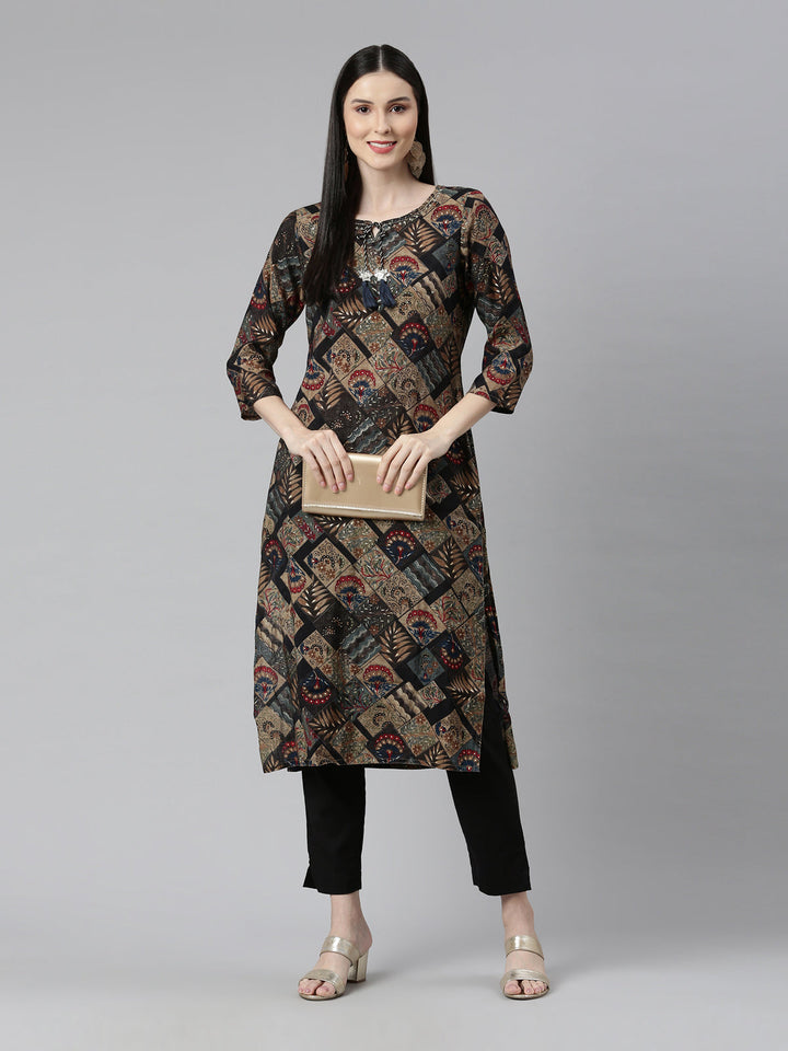 Neerus Black cotton printed kurta with keyhole neck - detail view 3