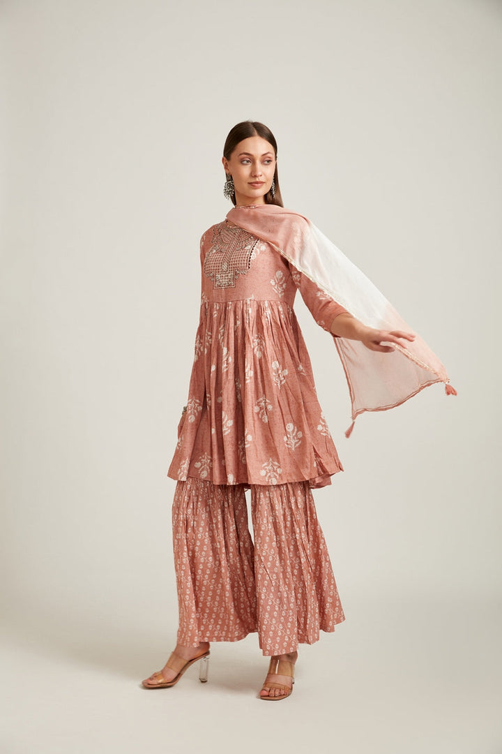 Neerus Purple embellished striped pleated kurta set with sharara - front view