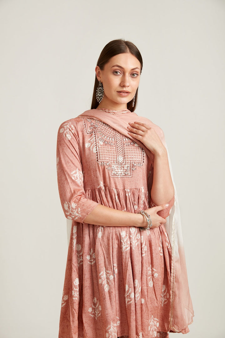 Neerus Purple embellished striped pleated kurta set with sharara - back view