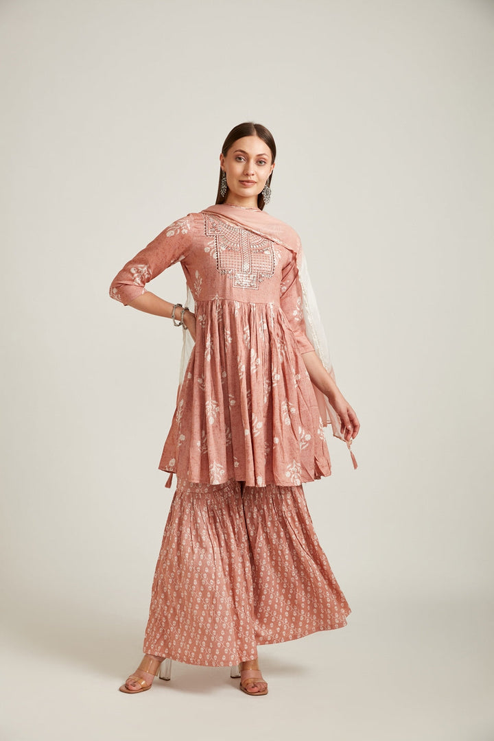 Neerus Purple embellished striped pleated kurta set with sharara - detail view 1