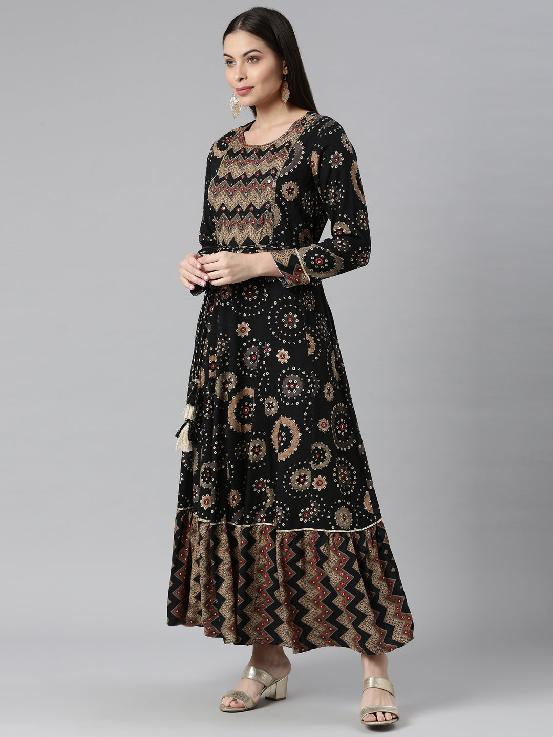 Neerus Black rayon printed floral kurti - back view