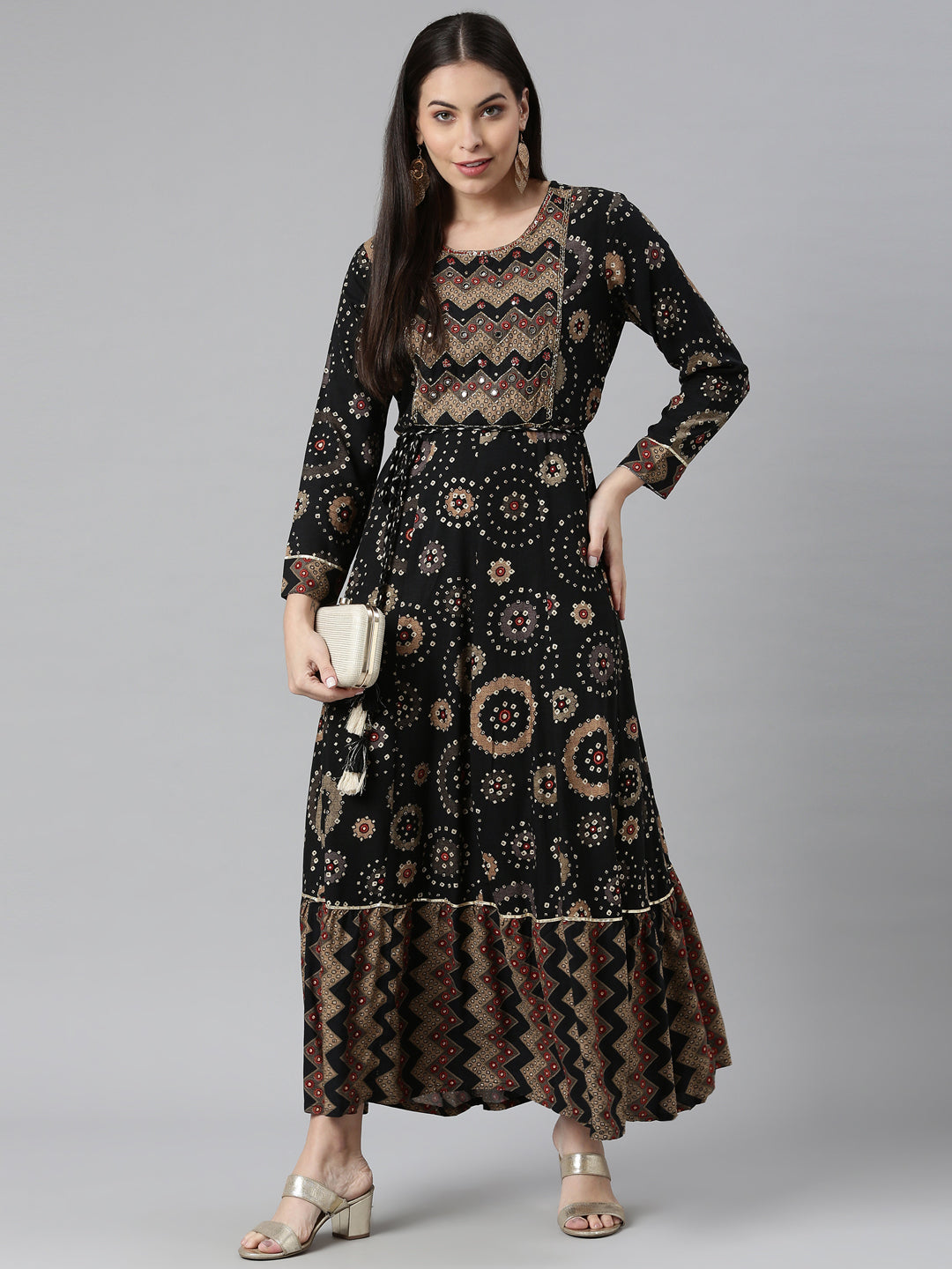 Neerus Black rayon printed floral kurti - detail view 2