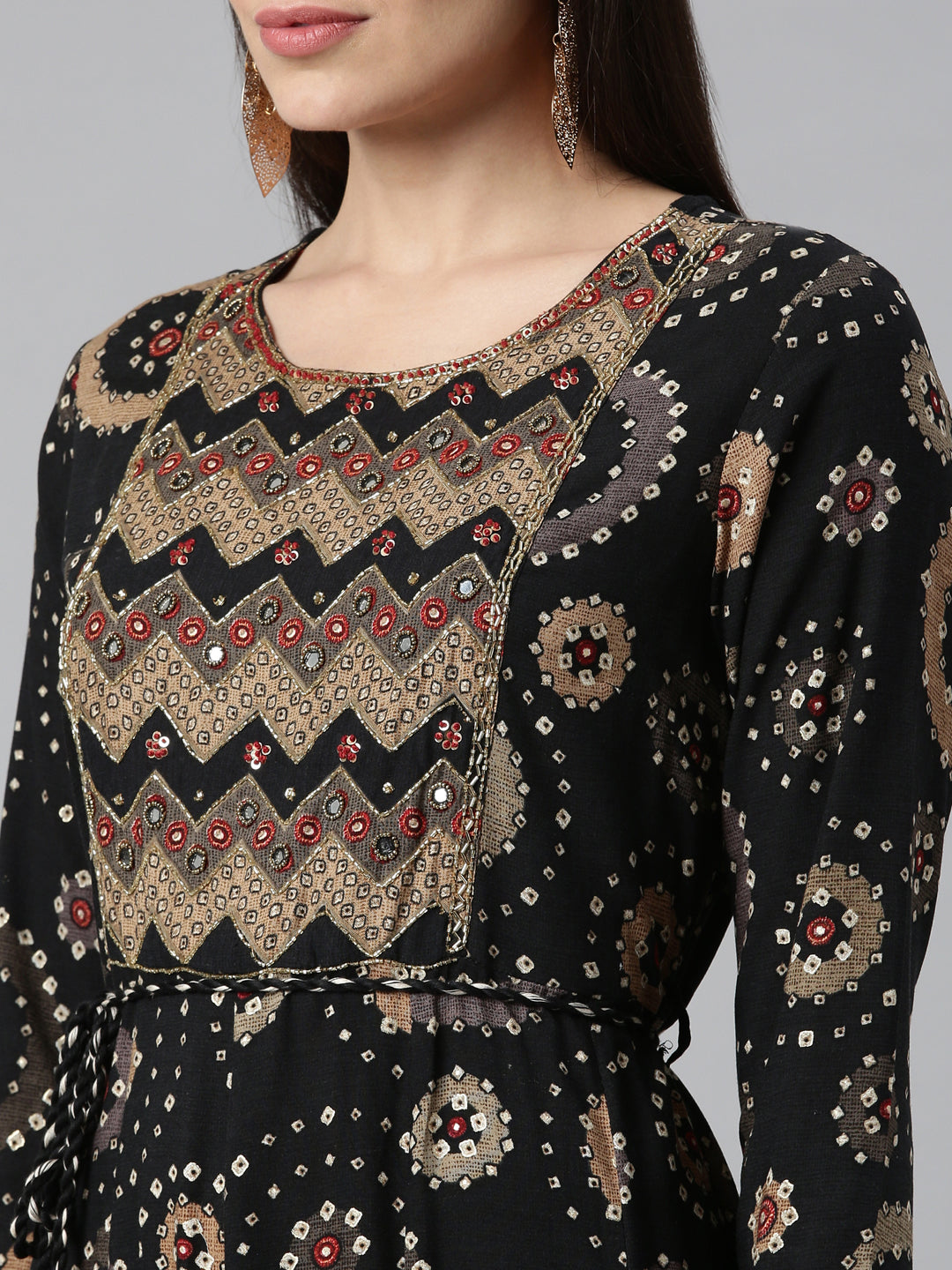 Neerus Black rayon printed floral kurti - detail view 1