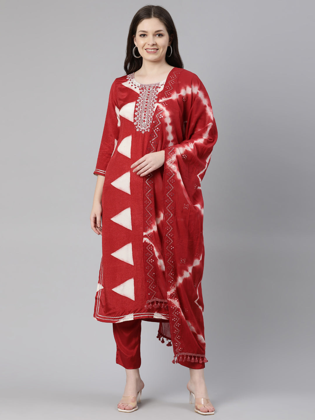 Neerus Red cotton solid kurta set with trouser and dupatta - front view
