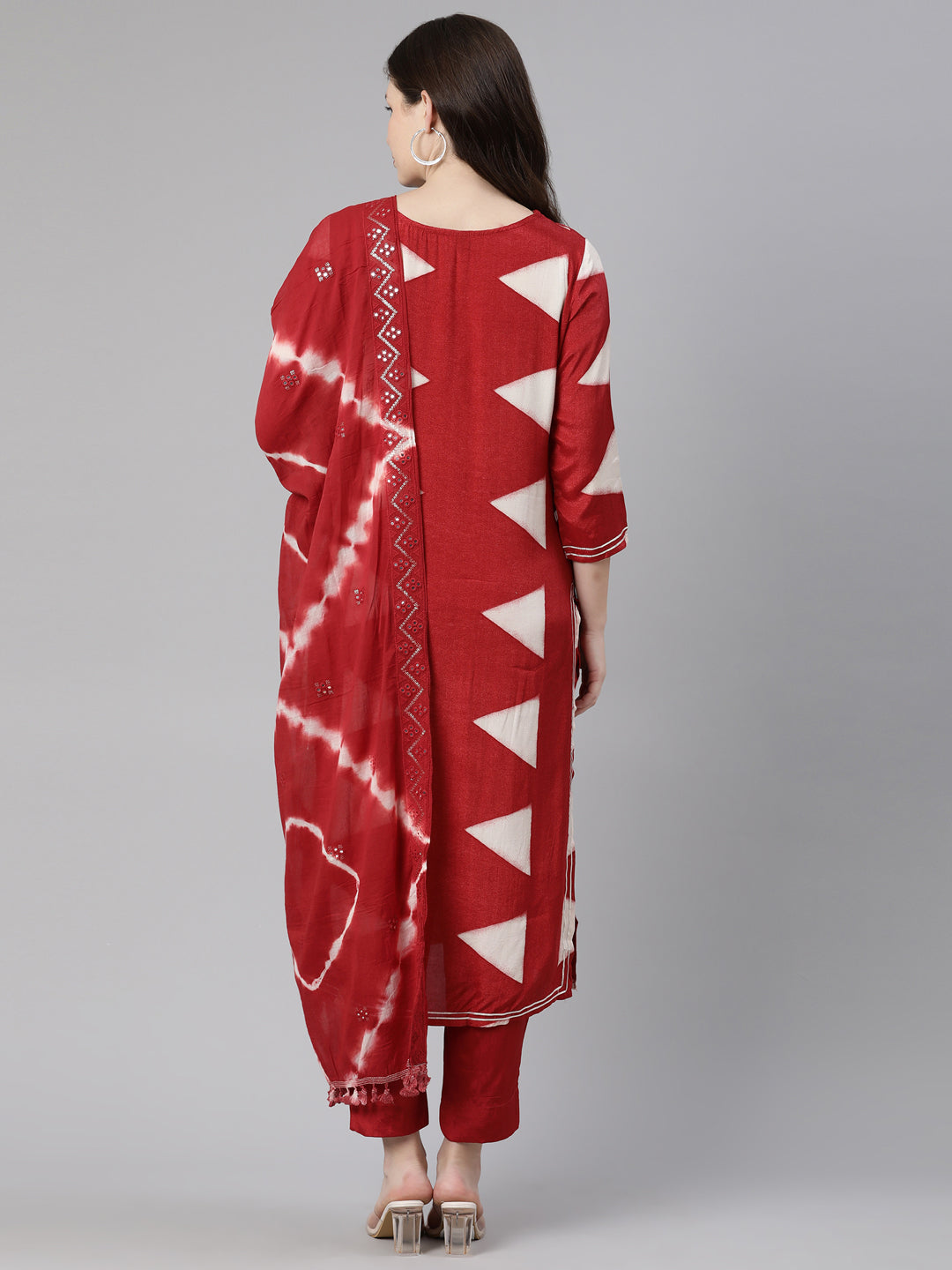 Neerus Red cotton solid kurta set with trouser and dupatta - side view