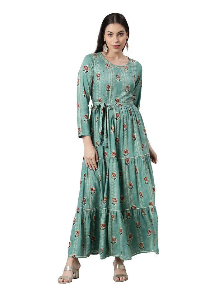 Neerus Green printed anarkali kurta - front view