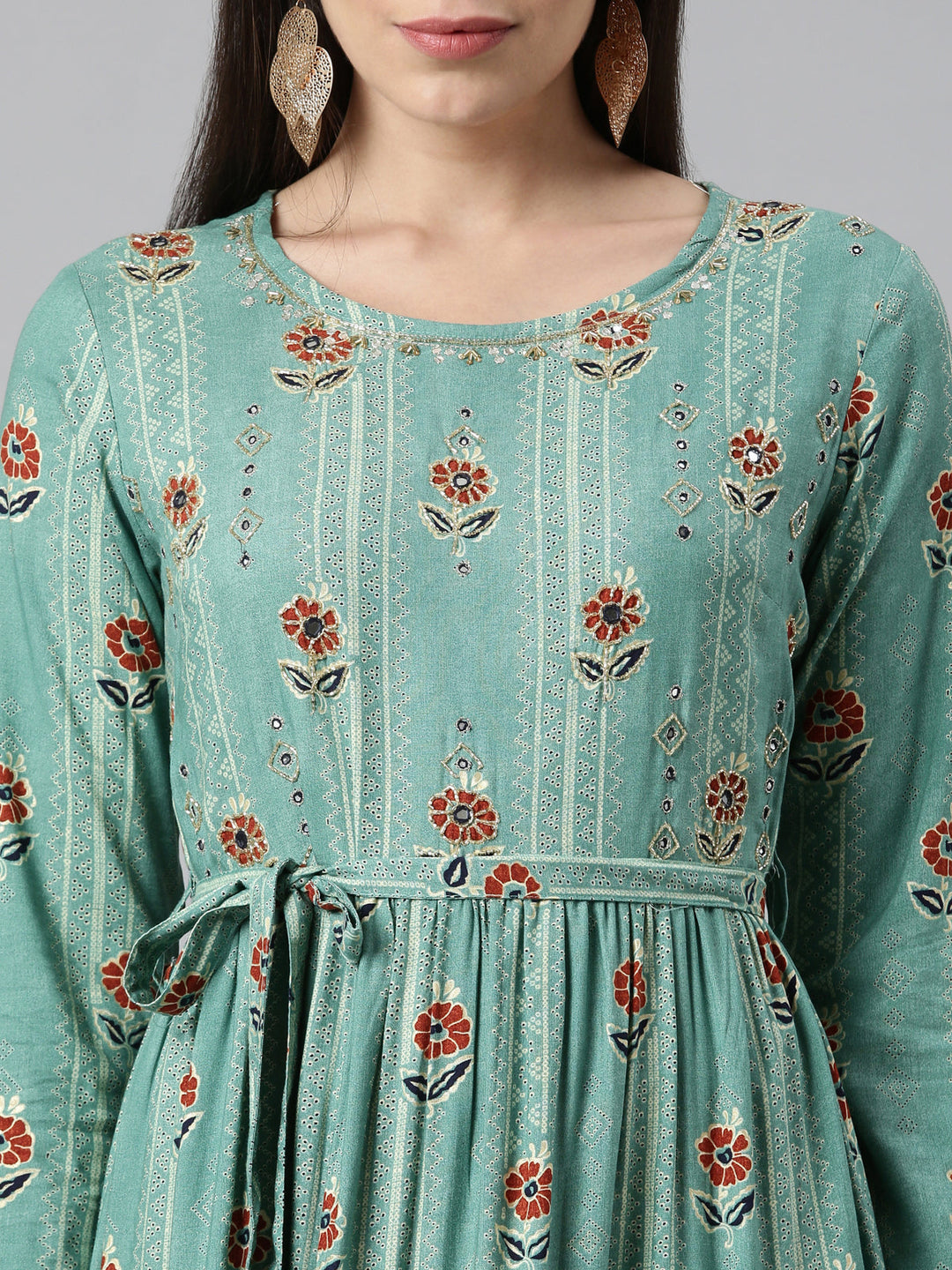 Neerus Green printed anarkali kurta - detail view 2