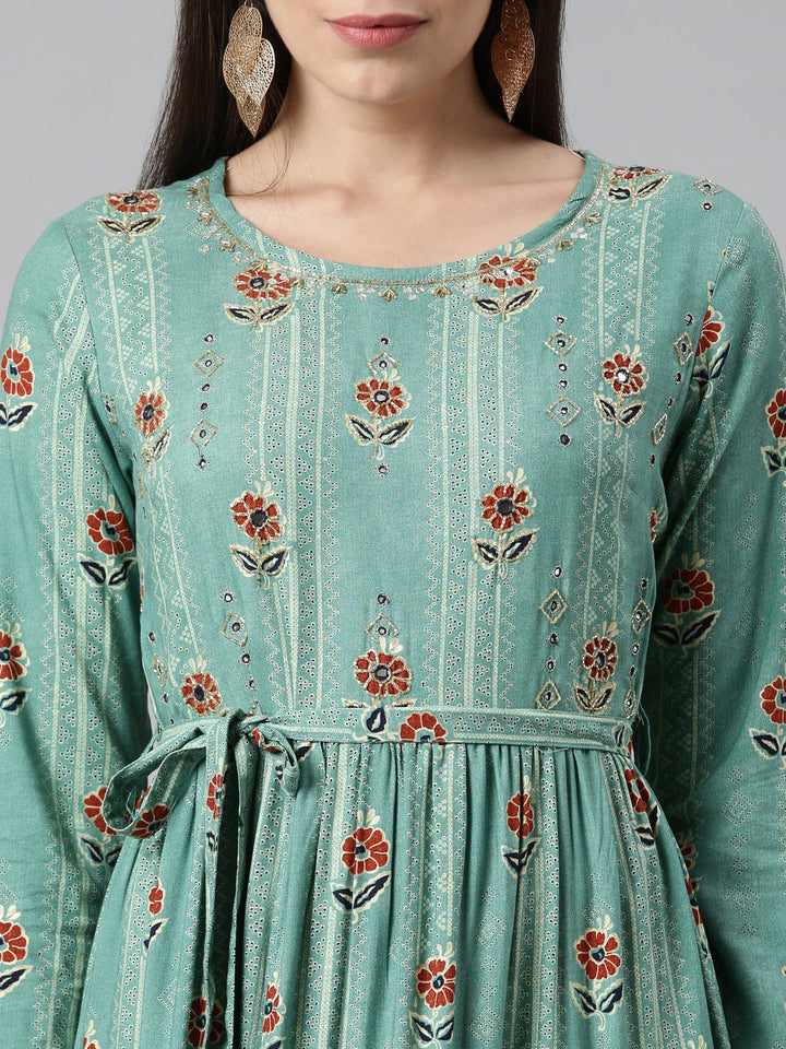 Neerus Green printed anarkali kurta - detail view 2
