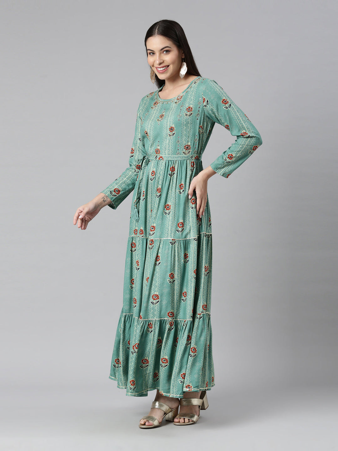 Neerus Green printed anarkali kurta - back view