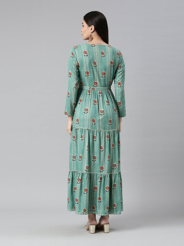Neerus Green printed anarkali kurta - detail view 1
